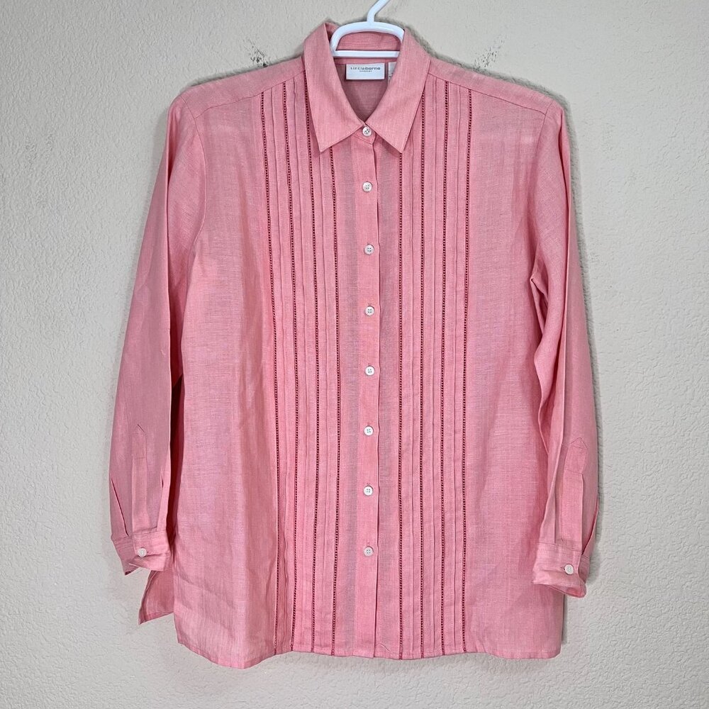 Liz Claiborne Size M Women Pink Peach 100% Linen Pleated Button Tunic Blouse Top